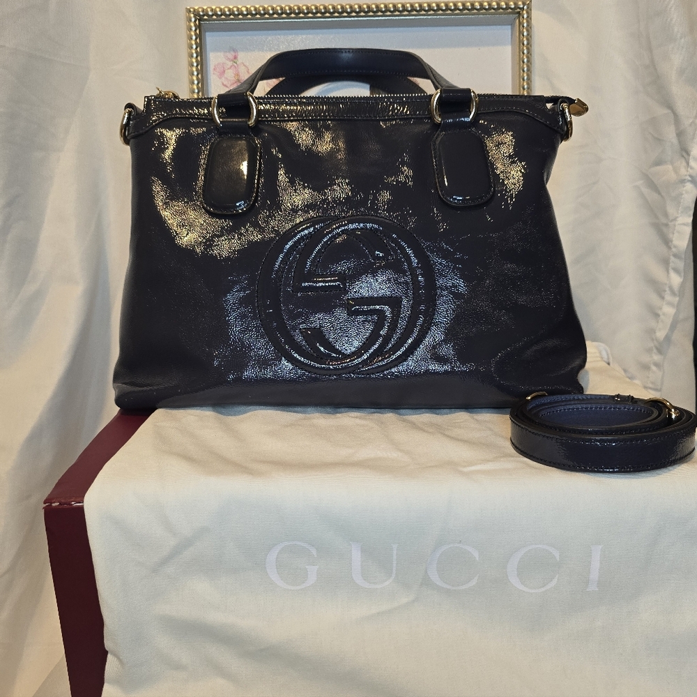 Gucci Blondie Soho Navy Grey Patent Leather 2 Way Bag